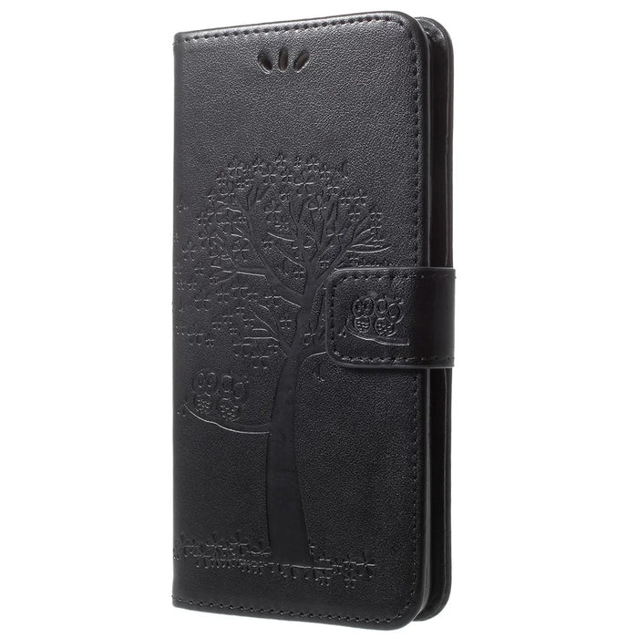 Imprint Tree Owl PU Leather Wallet Case with Strap for Samsung Galaxy S9+ G965 - Black - 3