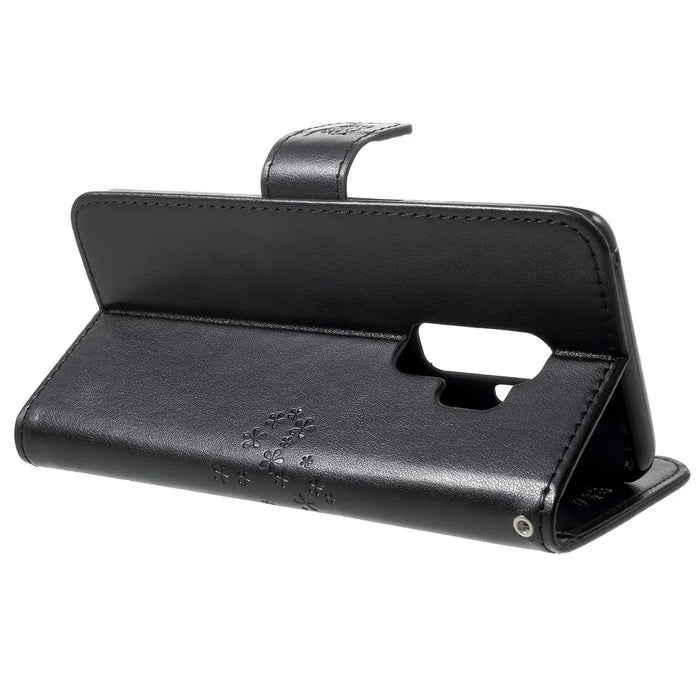 Imprint Tree Owl PU Leather Wallet Case with Strap for Samsung Galaxy S9+ G965 - Black - 5
