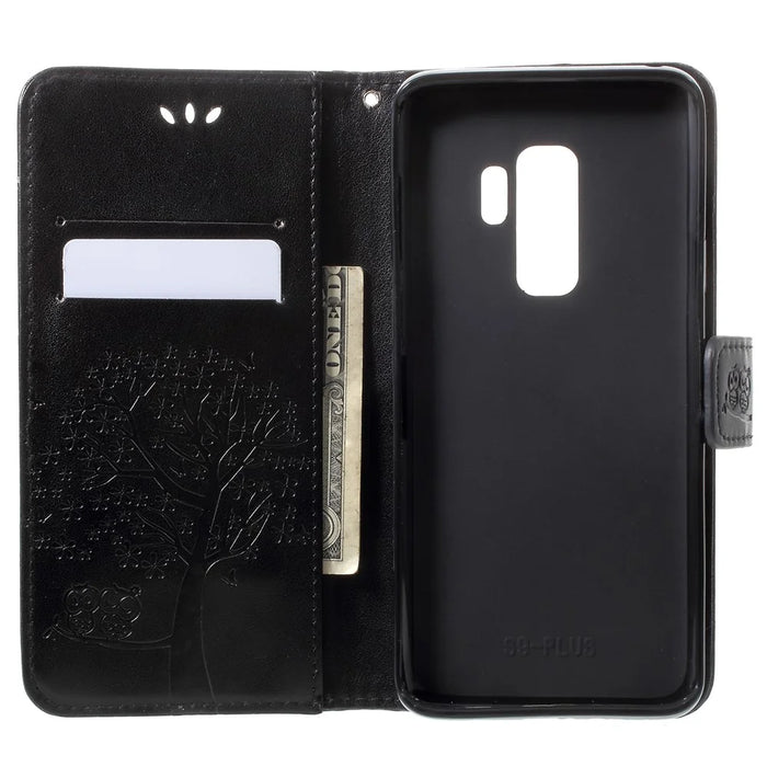 Imprint Tree Owl PU Leather Wallet Case with Strap for Samsung Galaxy S9+ G965 - Black - 6