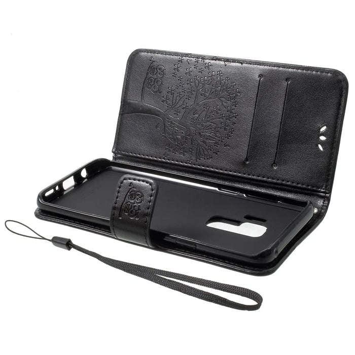 Imprint Tree Owl PU Leather Wallet Case with Strap for Samsung Galaxy S9+ G965 - Black - 7