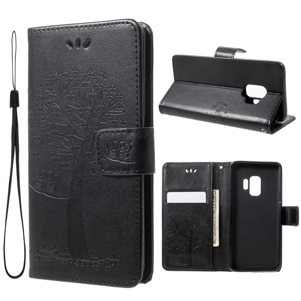 For Samsung Galaxy S9 G960 Imprint Tree Owl Wallet PU Leather Mobile Case with Lanyard - Black - 1