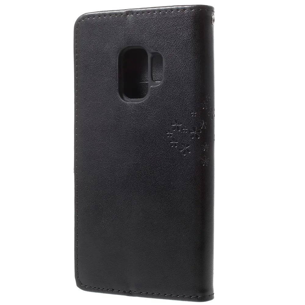 For Samsung Galaxy S9 G960 Imprint Tree Owl Wallet PU Leather Mobile Case with Lanyard - Black - 4