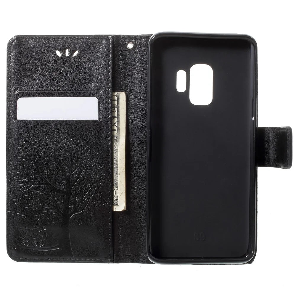 For Samsung Galaxy S9 G960 Imprint Tree Owl Wallet PU Leather Mobile Case with Lanyard - Black - 6