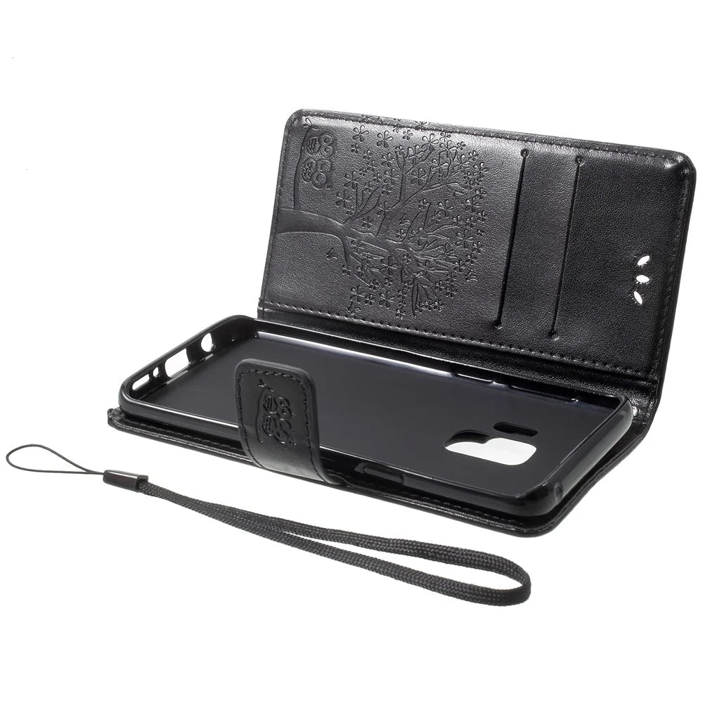 For Samsung Galaxy S9 G960 Imprint Tree Owl Wallet PU Leather Mobile Case with Lanyard - Black - 7