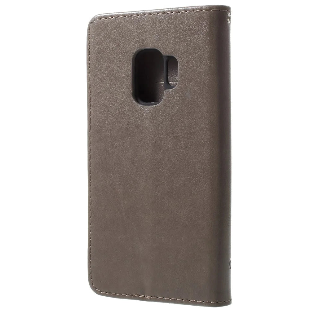 Imprint Butterfly Flowers Magnetic Wallet Leather Stand Case for Samsung Galaxy S9 G960 - Grey - 3