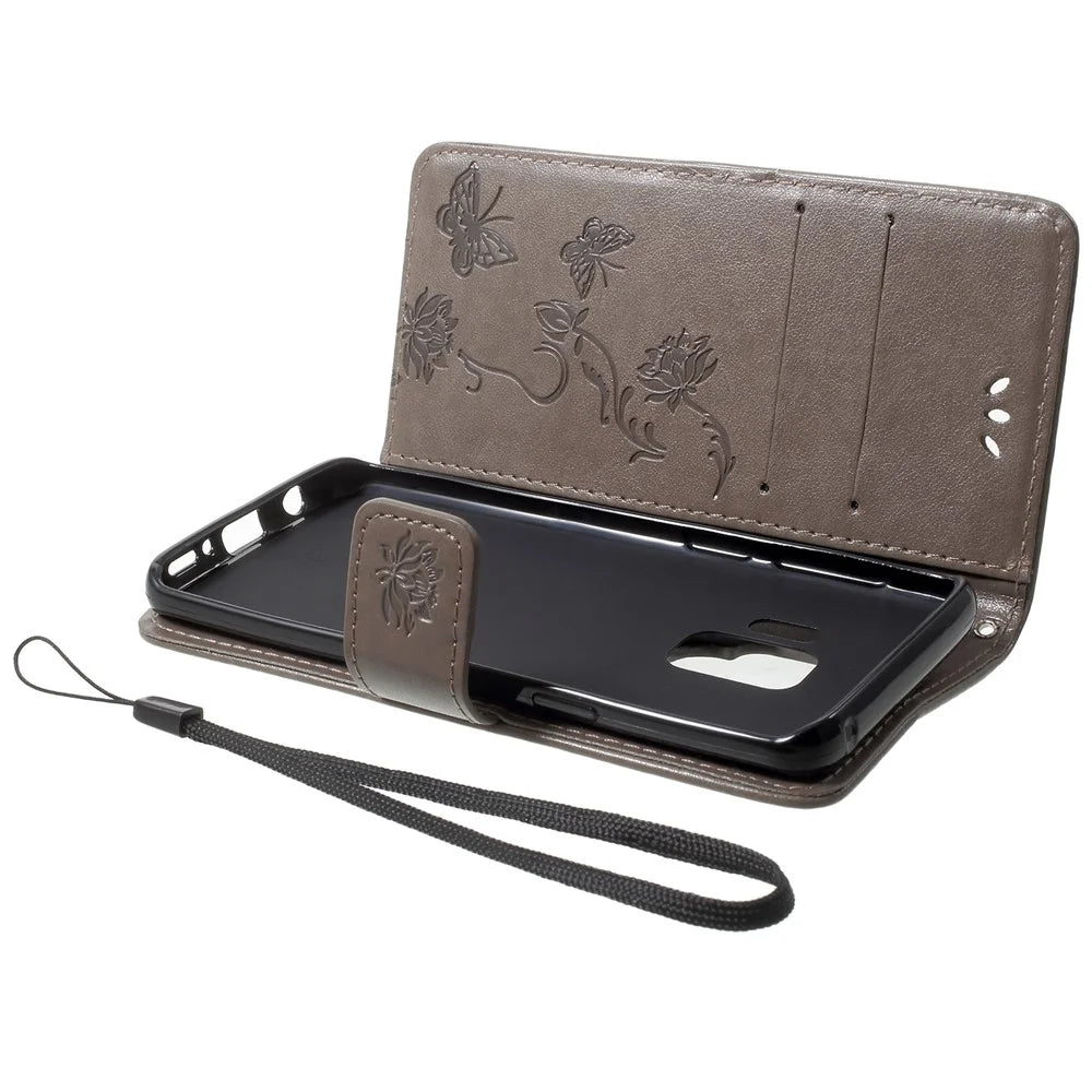 Imprint Butterfly Flowers Magnetic Wallet Leather Stand Case for Samsung Galaxy S9 G960 - Grey - 5