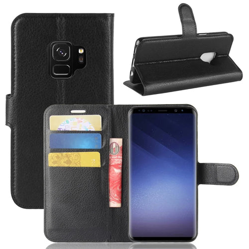 For Samsung Galaxy S9 G960 Litchi Skin PU Leather Wallet Stand Mobile Phone Cover - Black - 1