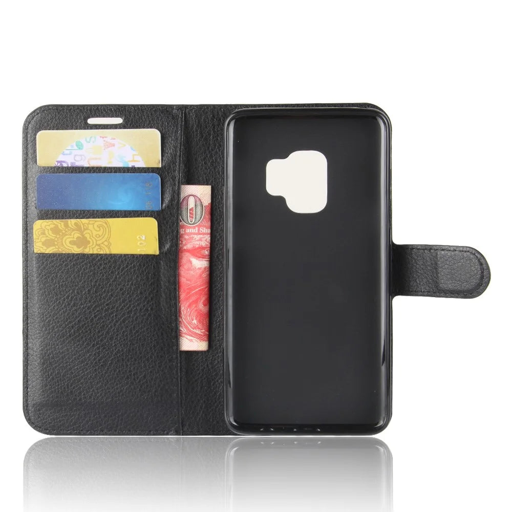 For Samsung Galaxy S9 G960 Litchi Skin PU Leather Wallet Stand Mobile Phone Cover - Black - 3