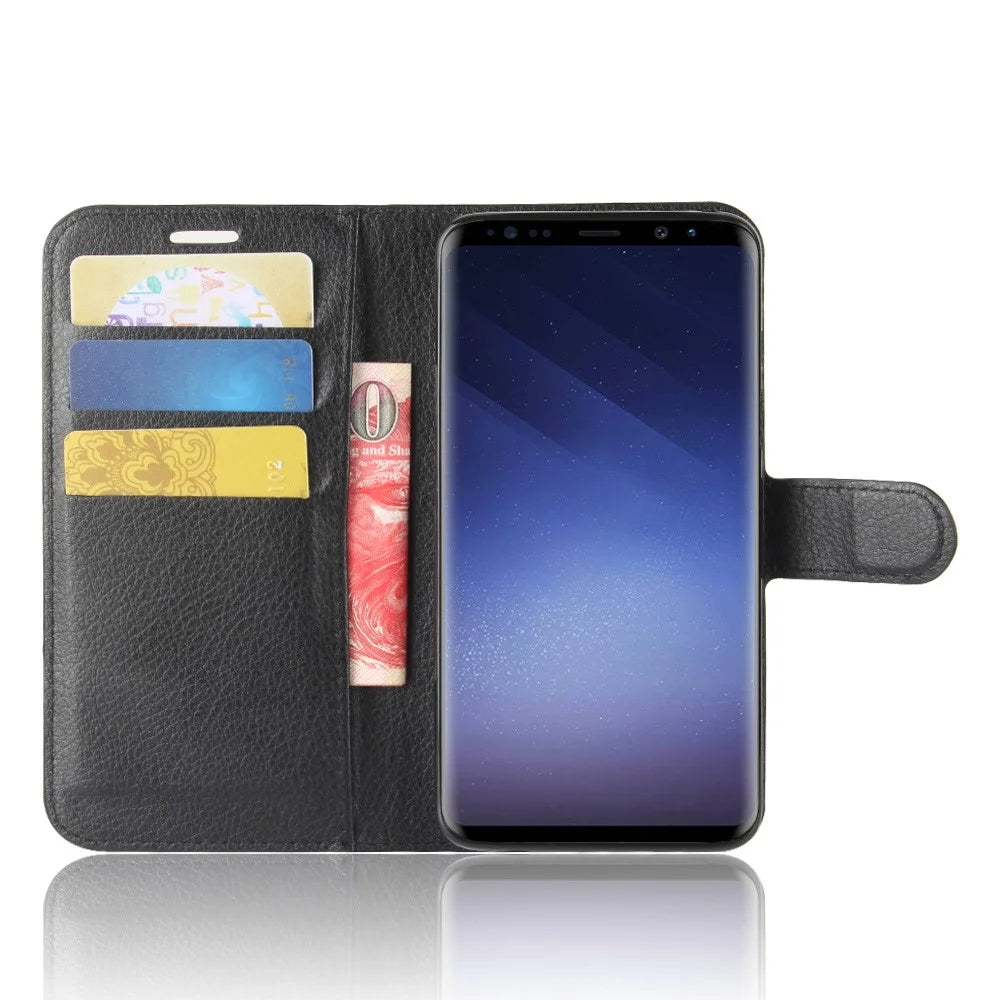For Samsung Galaxy S9 G960 Litchi Skin PU Leather Wallet Stand Mobile Phone Cover - Black - 4