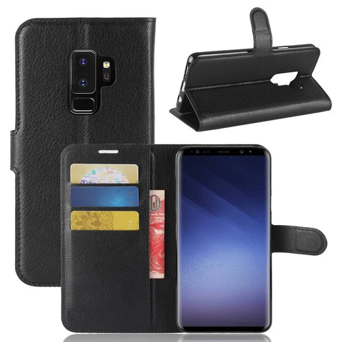 Litchi Skin Magnetic Leather Stand Cover for Samsung Galaxy S9+ G965 Wallet Design Phone Case - Black - 1