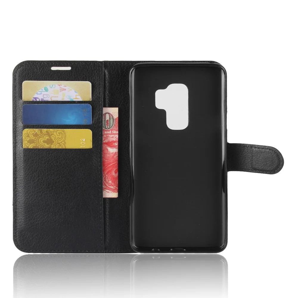 Litchi Skin Magnetic Leather Stand Cover for Samsung Galaxy S9+ G965 Wallet Design Phone Case - Black - 3