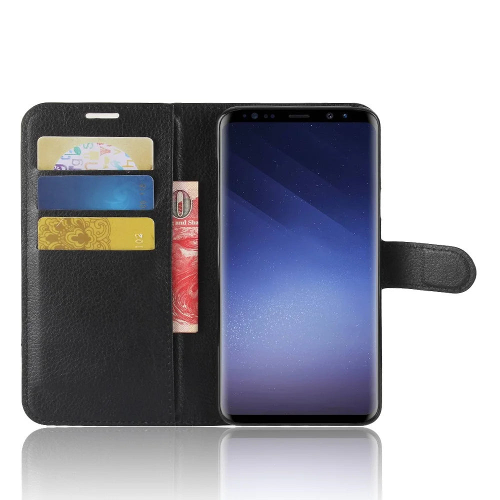 Litchi Skin Magnetic Leather Stand Cover for Samsung Galaxy S9+ G965 Wallet Design Phone Case - Black - 4
