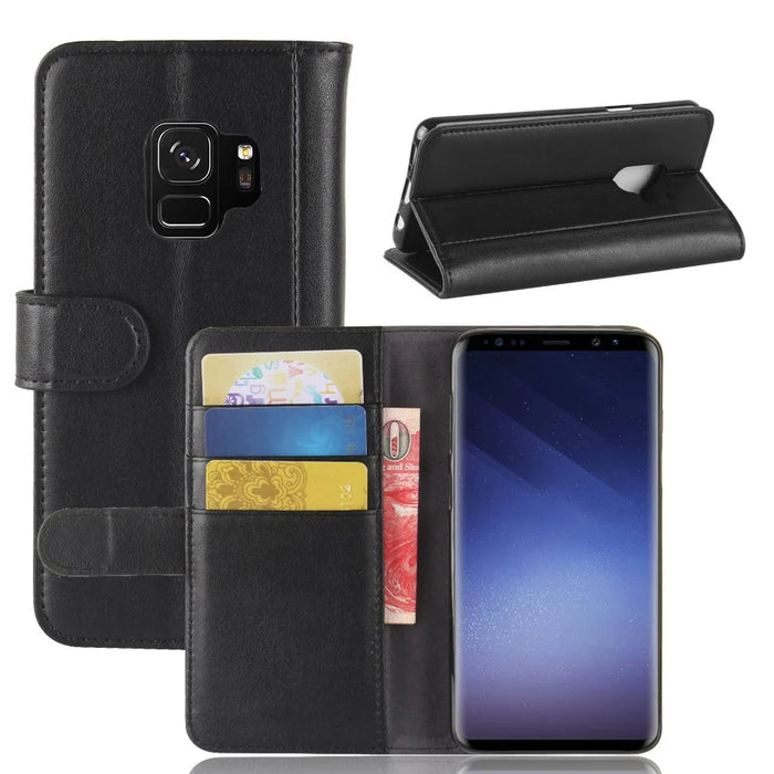 For Samsung Galaxy S9 G960 Phone Cases Genuine Split Leather Wallet Mobile Cover Stand - Black - 1