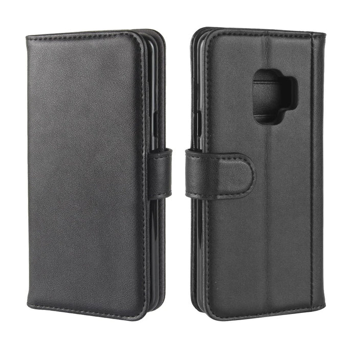 For Samsung Galaxy S9 G960 Phone Cases Genuine Split Leather Wallet Mobile Cover Stand - Black - 2