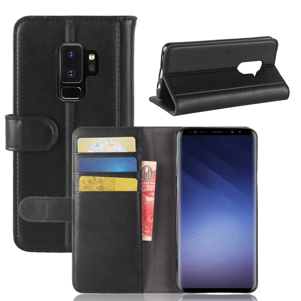 For Samsung Galaxy S9 G960 Phone Cases Genuine Split Leather Wallet Mobile Cover Stand - Black - 1