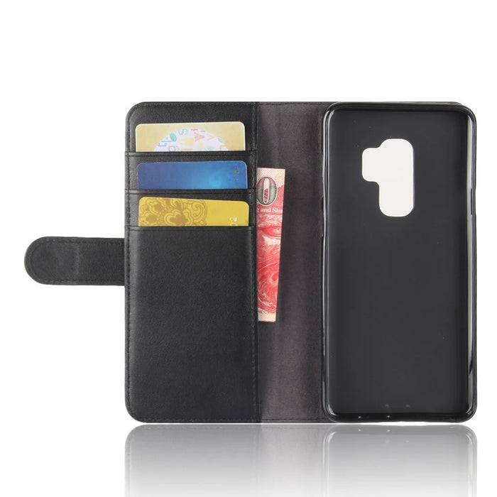 For Samsung Galaxy S9 G960 Phone Cases Genuine Split Leather Wallet Mobile Cover Stand - Black - 5