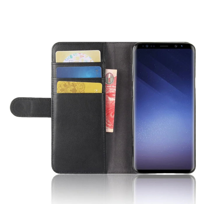 For Samsung Galaxy S9 G960 Phone Cases Genuine Split Leather Wallet Mobile Cover Stand - Black - 6