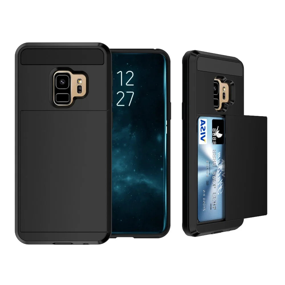 Slide Card Holder PC + TPU Hybrid Back Case for Samsung Galaxy S9 Plus G965 - Black - 1