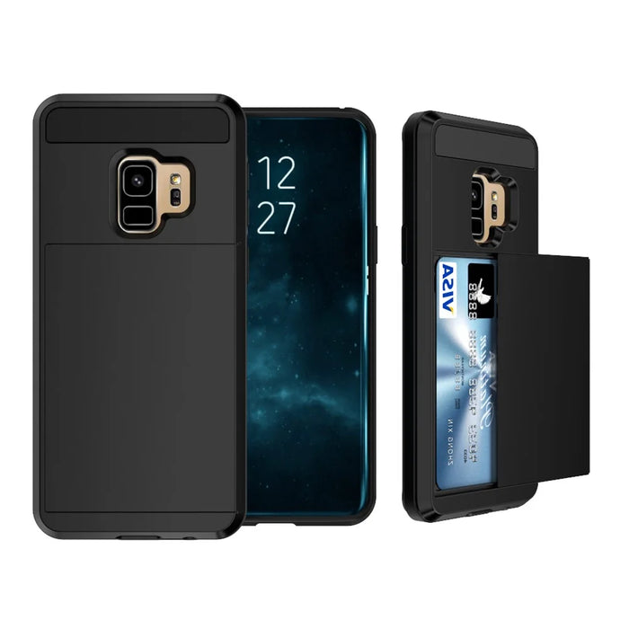 Slide Card Holder PC + TPU Hybrid Back Case for Samsung Galaxy S9 Plus G965 - Black - 1