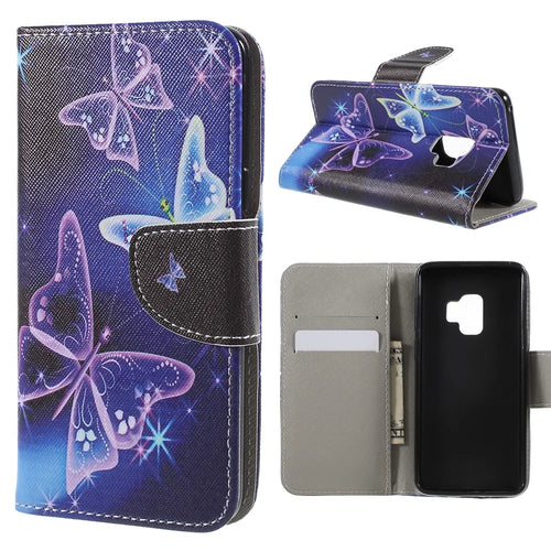 Pattern Printing Cross Texture Stand Wallet Leather Casing for Samsung Galaxy S9 G960 - Crystal Butterfly - 1