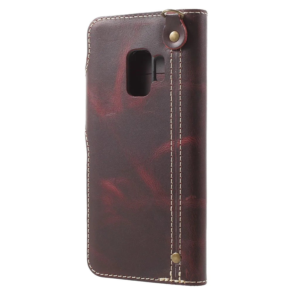 Retro Style Oil Wax Genuine Leather Cover for Samsung Galaxy S9 G960 with Folio Wallet Design - Coffee - 3