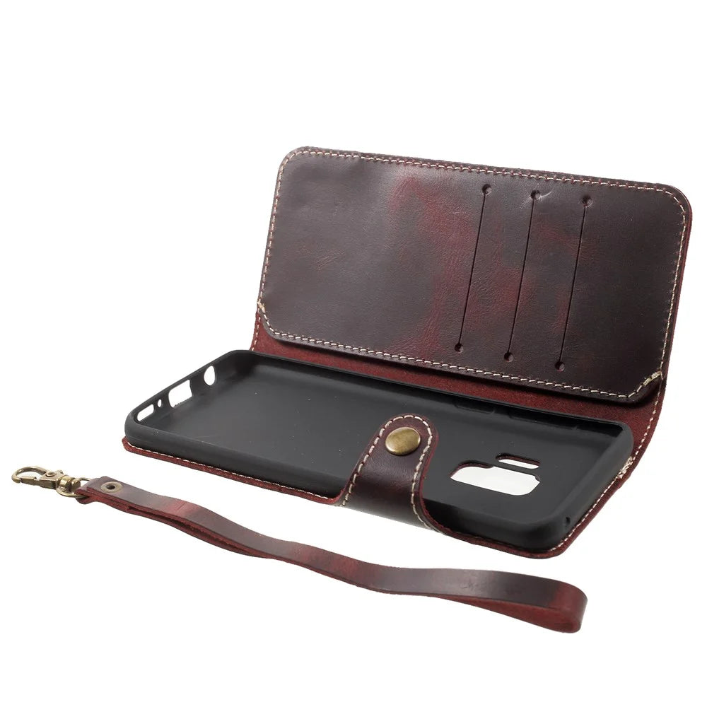Retro Style Oil Wax Genuine Leather Cover for Samsung Galaxy S9 G960 with Folio Wallet Design - Coffee - 5