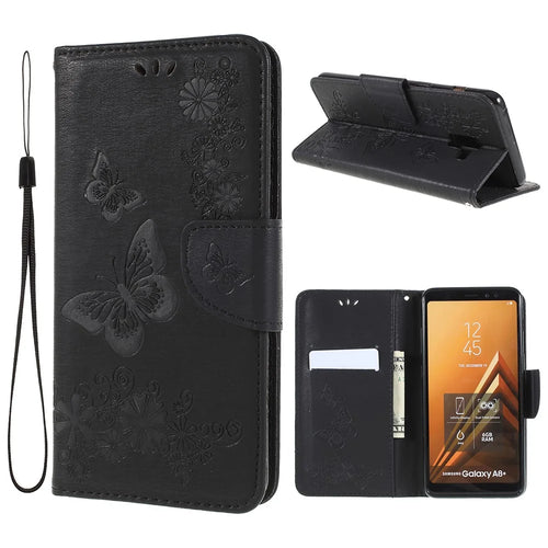 Imprinted Butterfly Flowers Wallet Stand Leather Case for Samsung Galaxy A8 (2018) - Black - 1