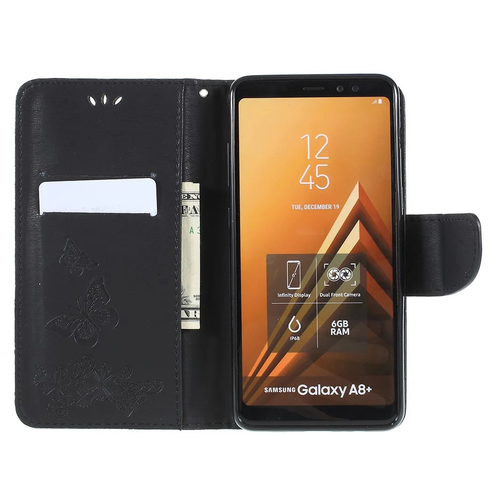 Imprinted Butterfly Flowers Wallet Stand Leather Case for Samsung Galaxy A8 (2018) - Black - 2