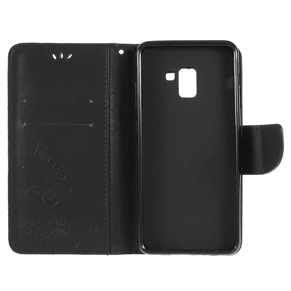 Imprinted Butterfly Flowers Wallet Stand Leather Case for Samsung Galaxy A8 (2018) - Black - 3