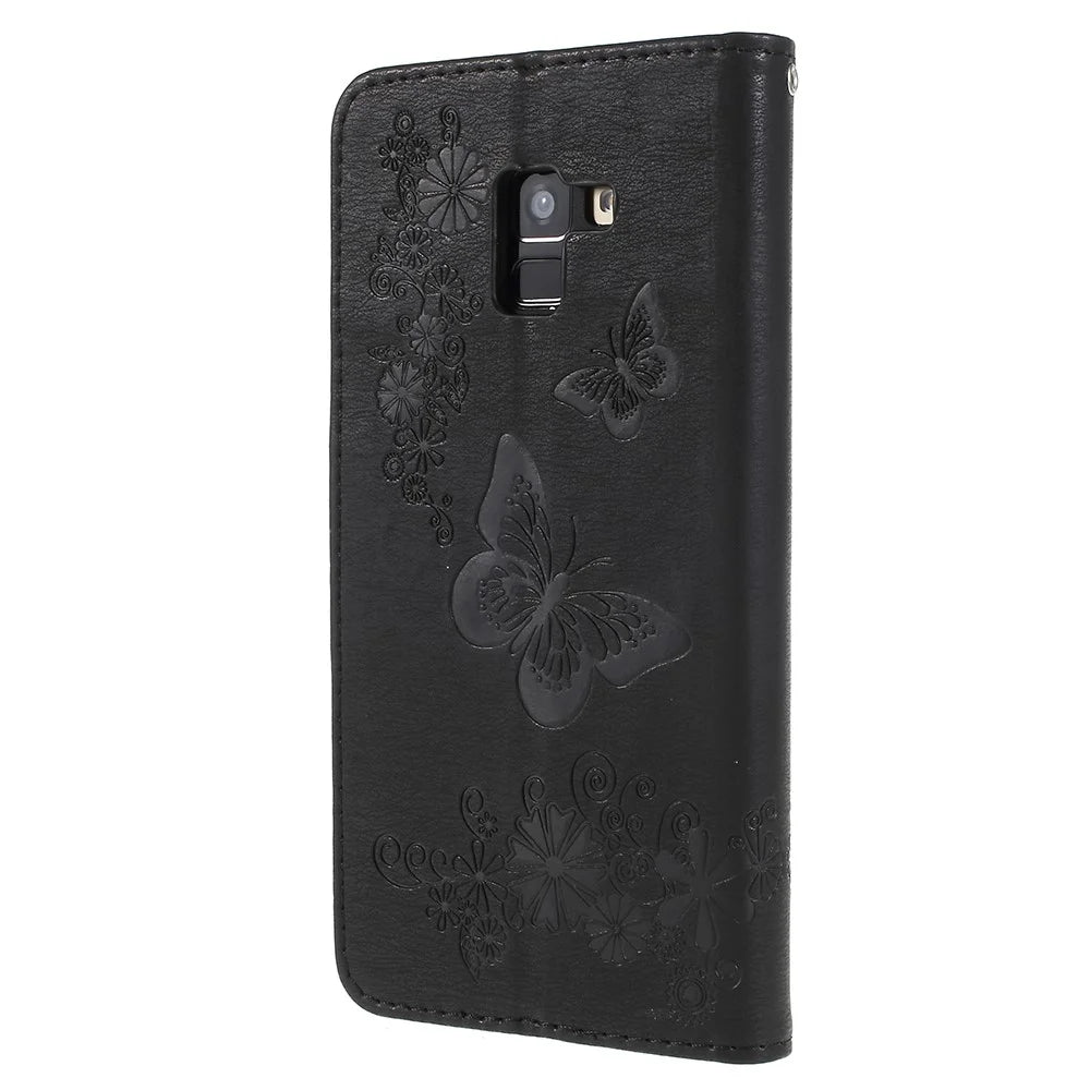 Imprinted Butterfly Flowers Wallet Stand Leather Case for Samsung Galaxy A8 (2018) - Black - 5