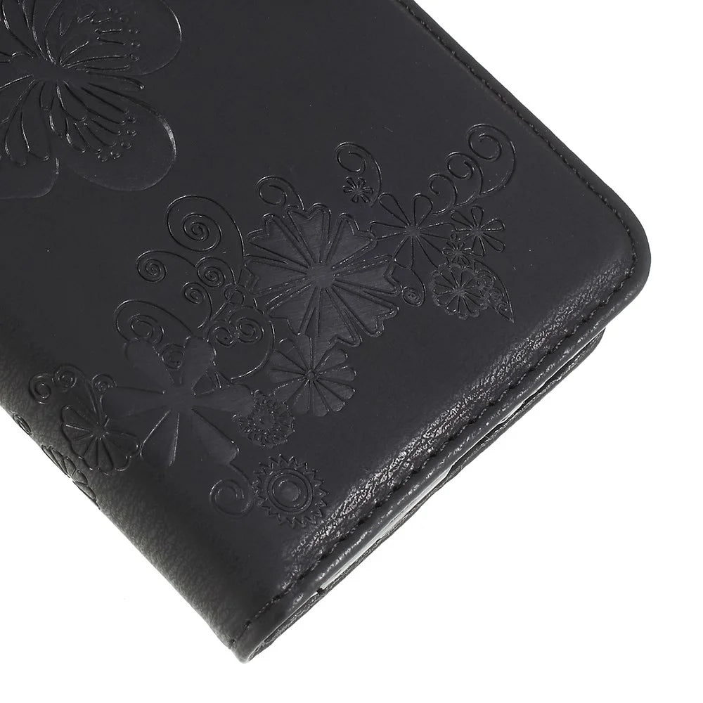 Imprinted Butterfly Flowers Wallet Stand Leather Case for Samsung Galaxy A8 (2018) - Black - 7