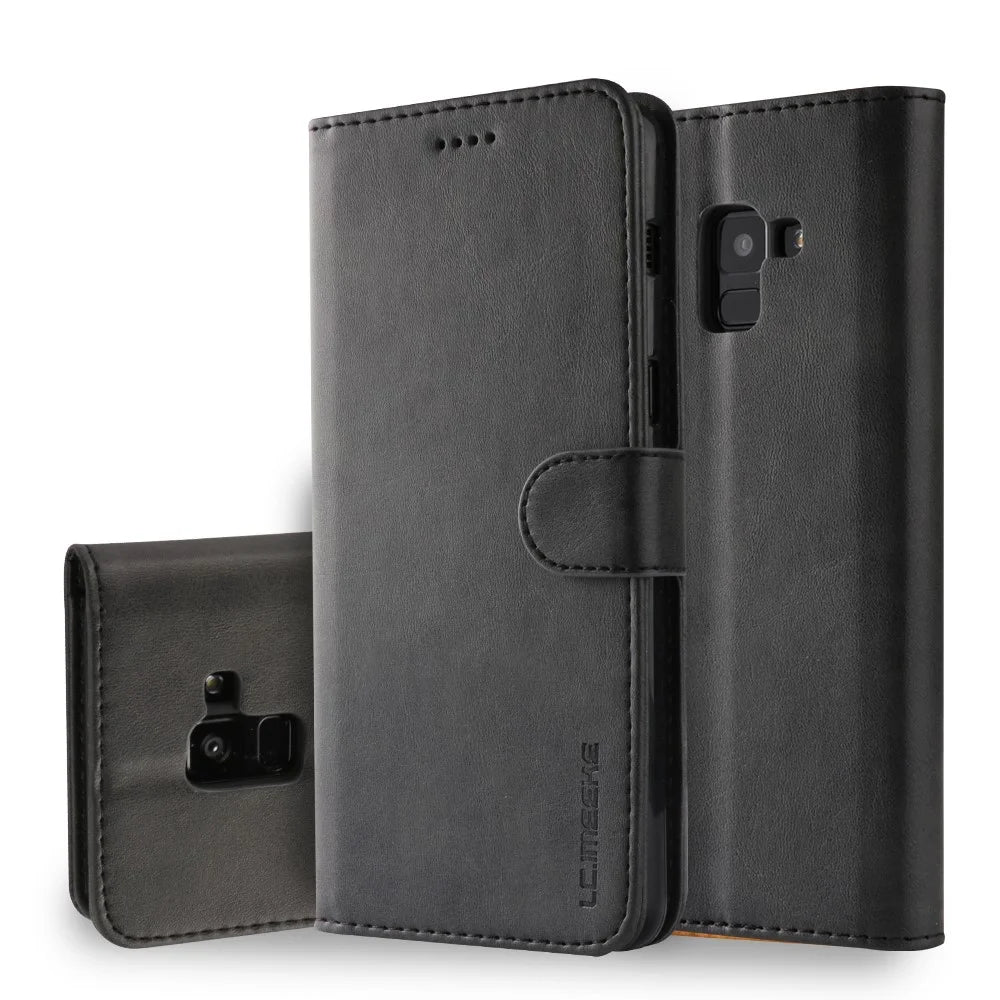 LC.IMEEKE Wallet Leather Stand Case for Samsung Galaxy A8 (2018) - Black - 1