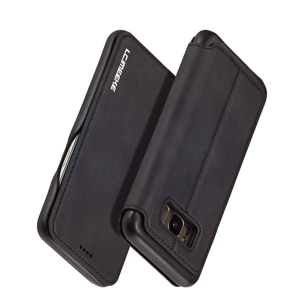 LC.IMEEKE Retro Style Leather Card Holder Case Phone Shell for Samsung Galaxy S8 SM-G950 - Black - 3