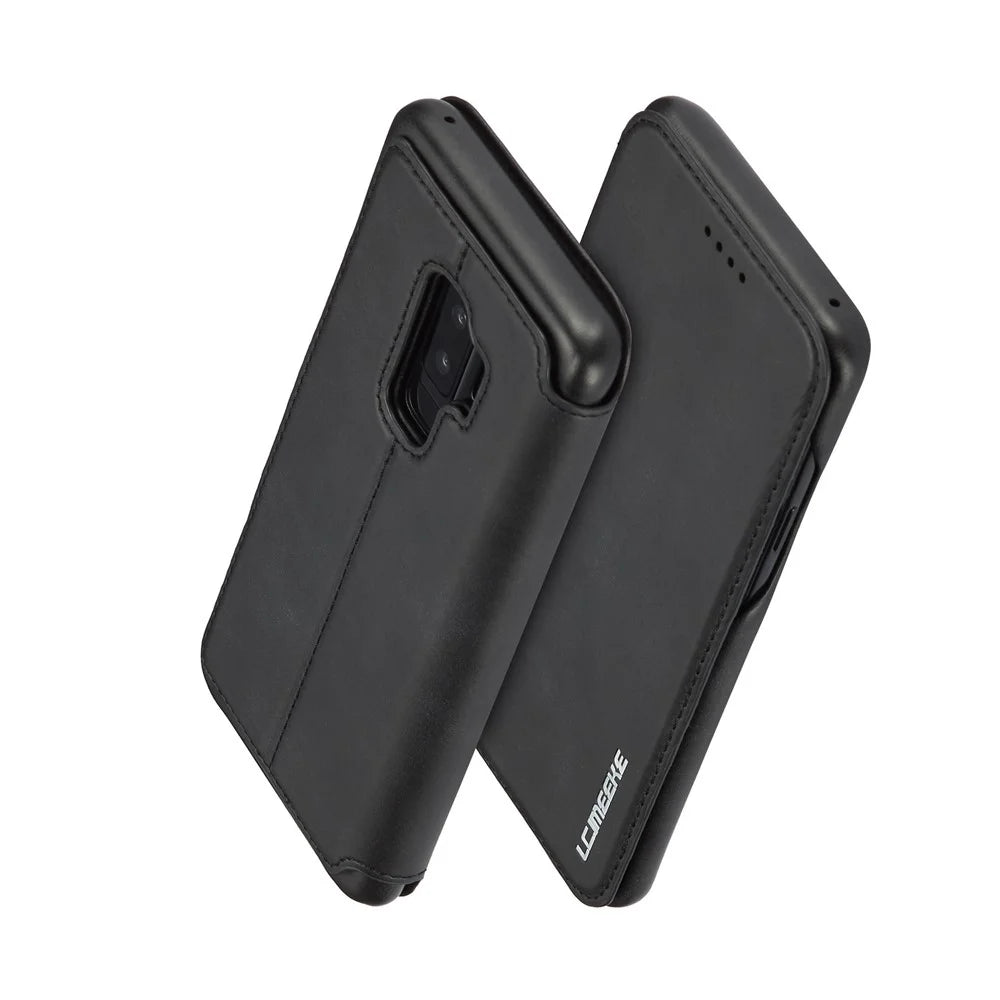 LC.IMEEKE for Samsung Galaxy S9+ G965 Vintage Style Leather Card Holder Protection Phone Case with Stand - Black - 2