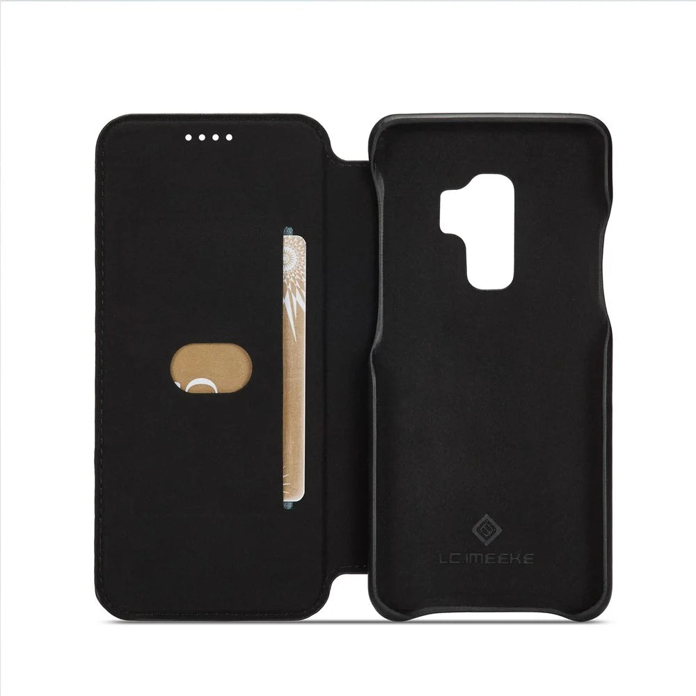 LC.IMEEKE for Samsung Galaxy S9+ G965 Vintage Style Leather Card Holder Protection Phone Case with Stand - Black - 6