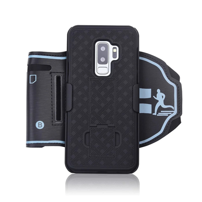Woven Pattern Sport Armband Case with Kickstand for Samsung Galaxy S9 Plus SM-G965 - Black - 1