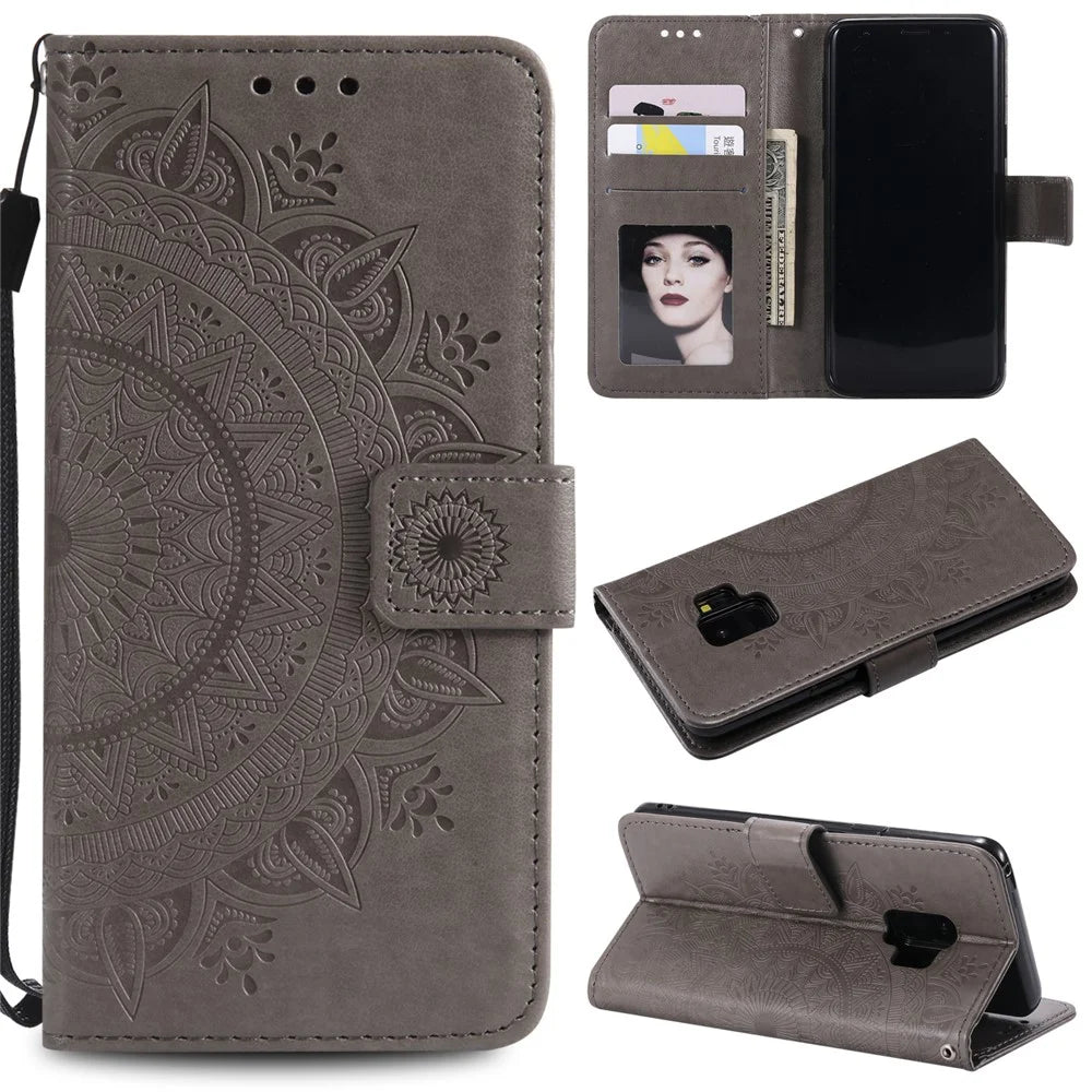 Imprint Butterfly Flower Leather Wallet Case for Samsung Galaxy S9 SM-G960 - Grey - 1