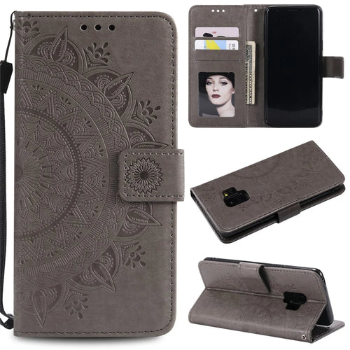 Imprint Butterfly Flower Leather Wallet Case for Samsung Galaxy S9 SM-G960 - Grey - 1