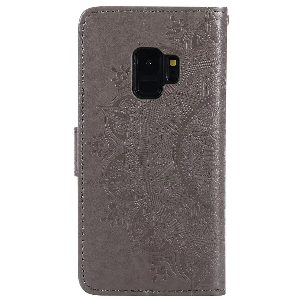 Imprint Butterfly Flower Leather Wallet Case for Samsung Galaxy S9 SM-G960 - Grey - 3