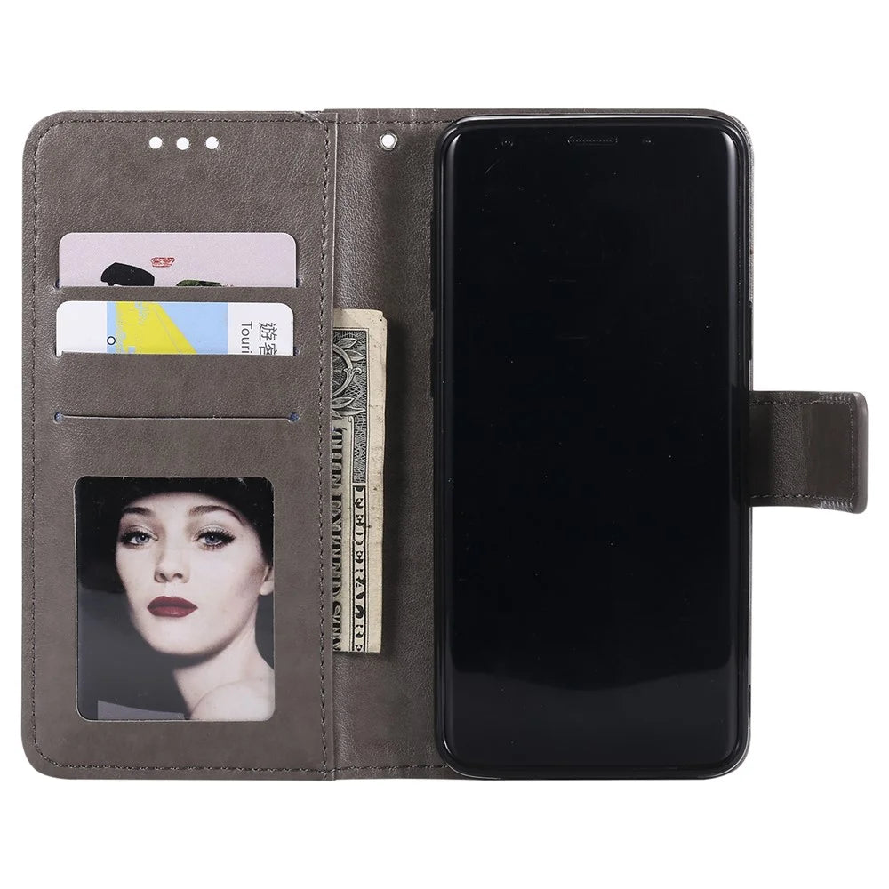 Imprint Butterfly Flower Leather Wallet Case for Samsung Galaxy S9 SM-G960 - Grey - 4