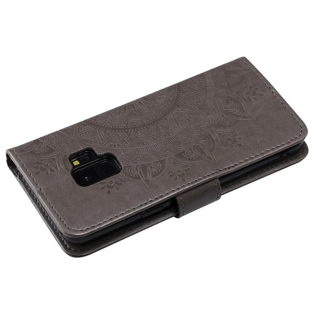 Imprint Butterfly Flower Leather Wallet Case for Samsung Galaxy S9 SM-G960 - Grey - 6