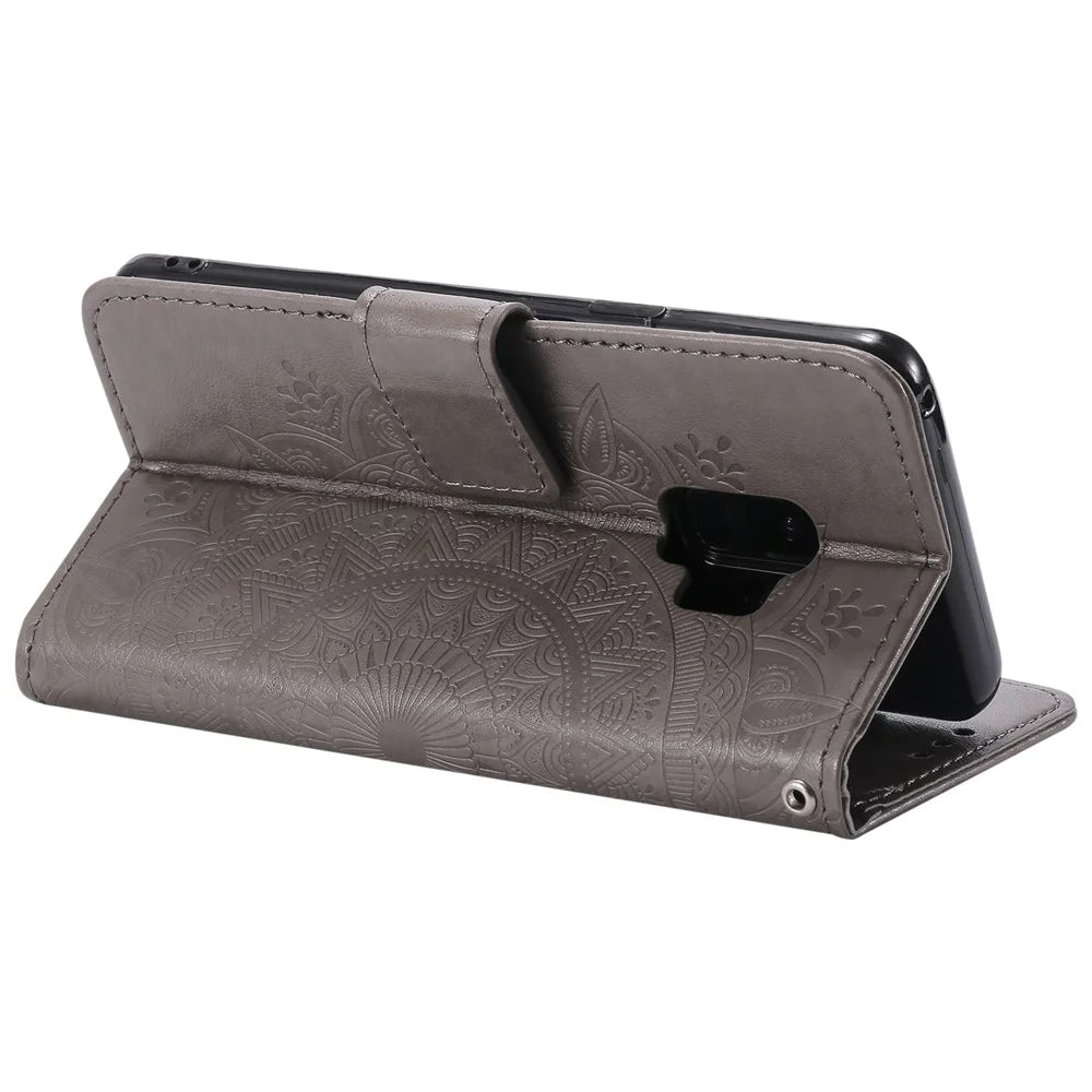 Imprint Butterfly Flower Leather Wallet Case for Samsung Galaxy S9 SM-G960 - Grey - 7