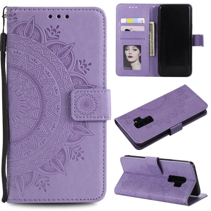 Imprint Butterfly Flower Wallet Leather Stand Case for Samsung Galaxy S9+ SM-G965 - Purple - 1