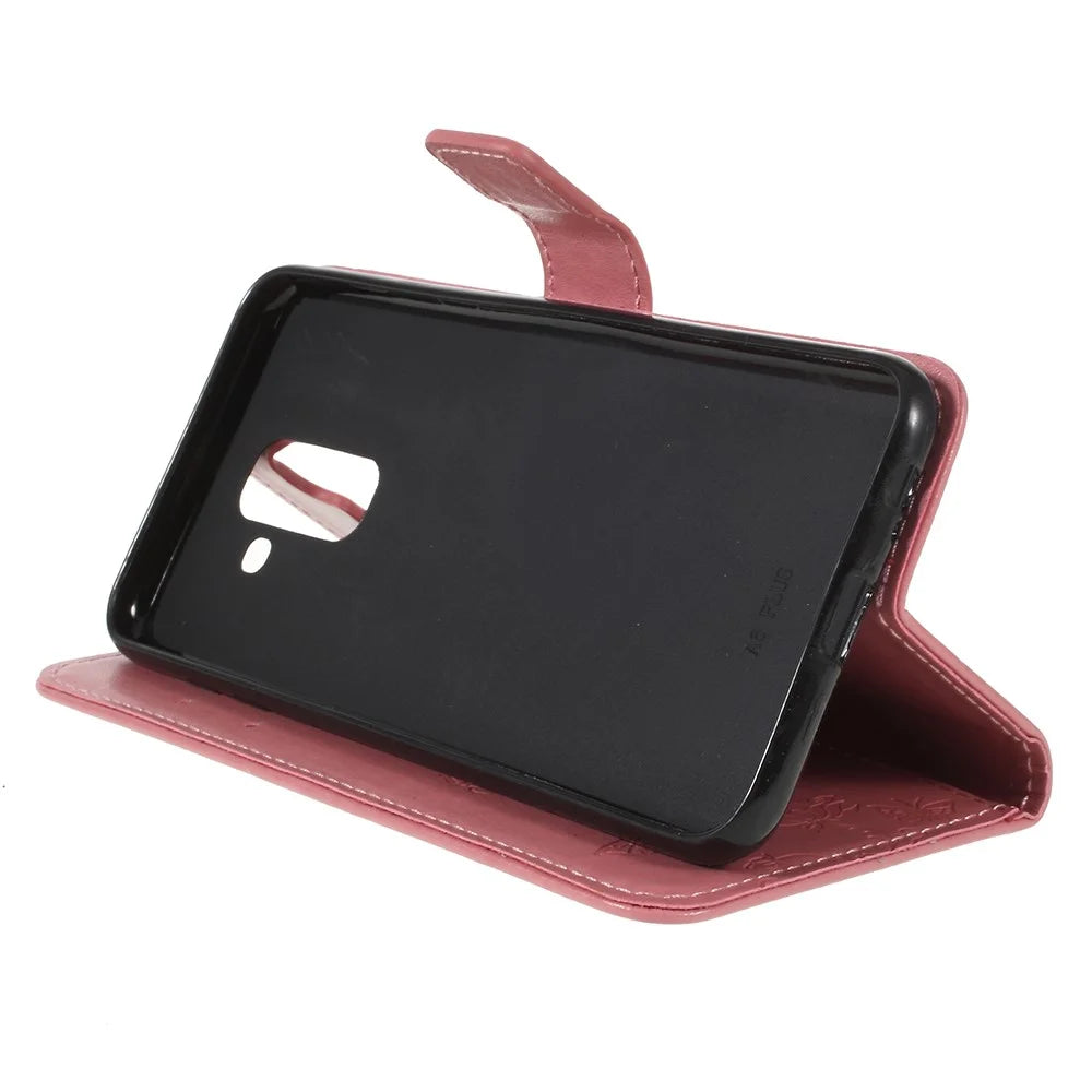 Imprint Butterfly Flowers Magnetic Wallet Leather Stand Case Shell for Samsung Galaxy A6 (2018) - Pink - 4