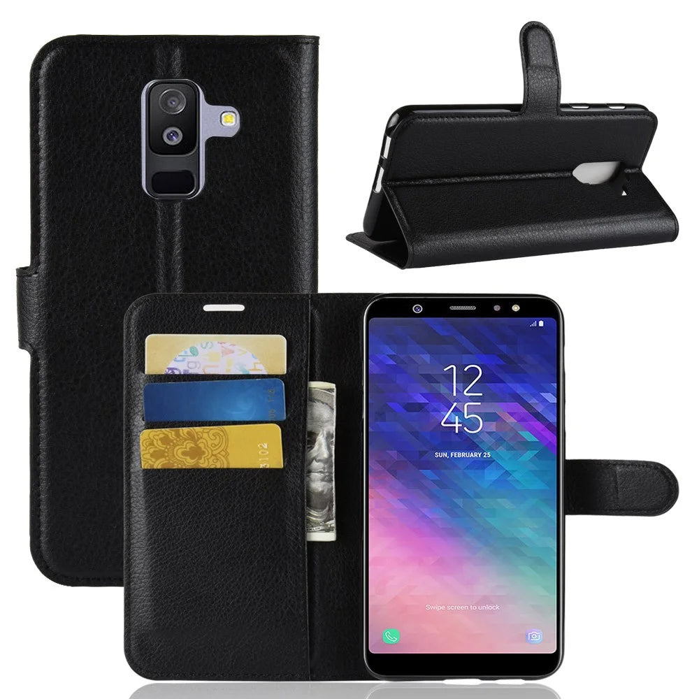 Litchi Skin PU Leather Magnetic Wallet Stand Case for Samsung Galaxy A6+ (2018) - Black - 1
