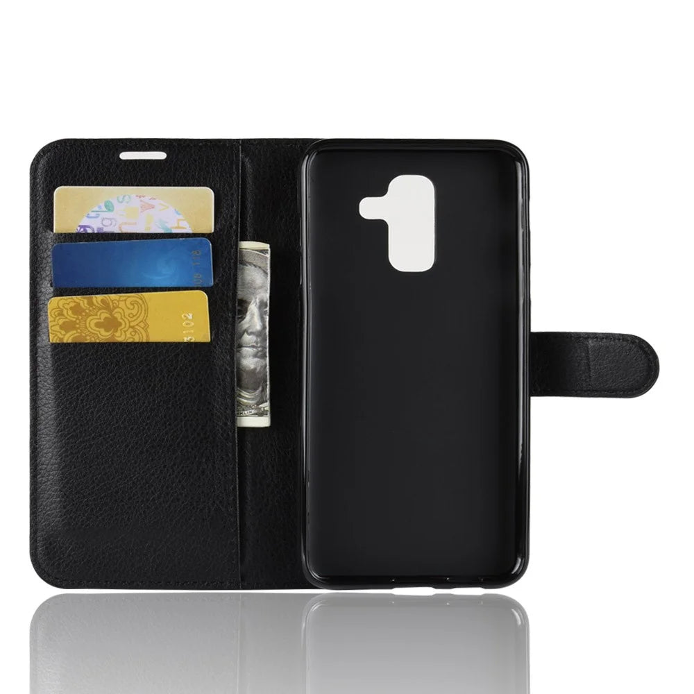 Litchi Skin PU Leather Magnetic Wallet Stand Case for Samsung Galaxy A6+ (2018) - Black - 3