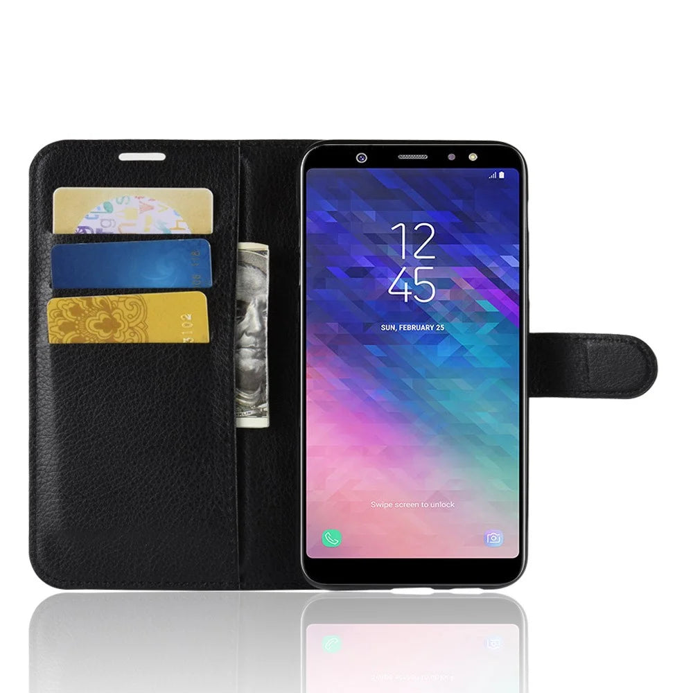 Litchi Skin PU Leather Magnetic Wallet Stand Case for Samsung Galaxy A6+ (2018) - Black - 4