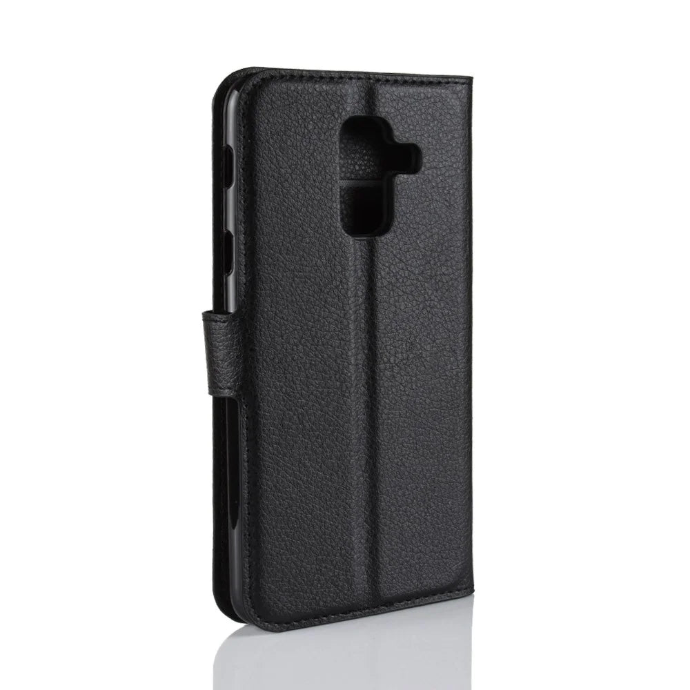 Litchi Skin PU Leather Magnetic Wallet Stand Case for Samsung Galaxy A6+ (2018) - Black - 6