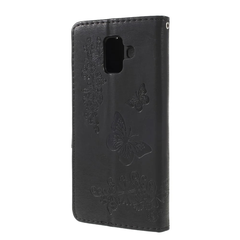 Imprint Butterfly Flower Leather Wallet Cover for Samsung Galaxy A6 (2018) - Black - 2