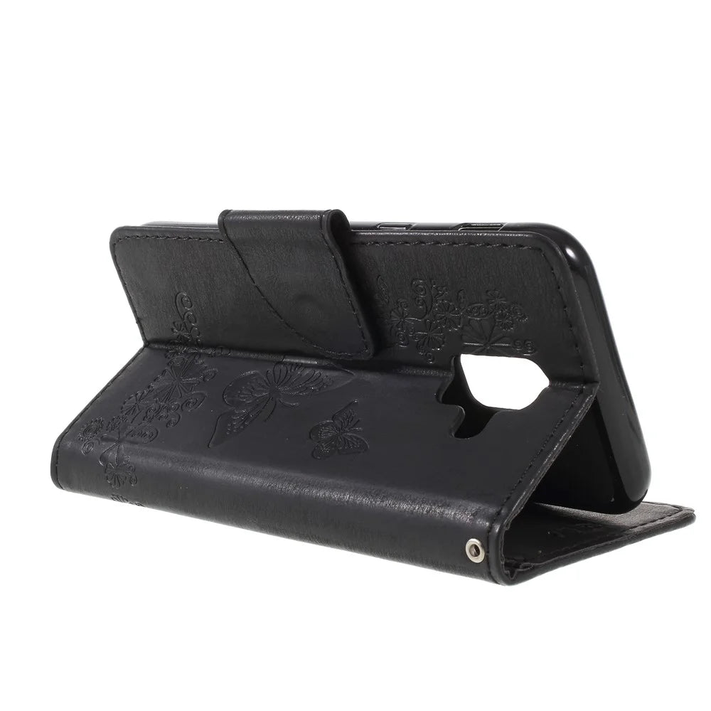 Imprint Butterfly Flower Leather Wallet Cover for Samsung Galaxy A6 (2018) - Black - 5